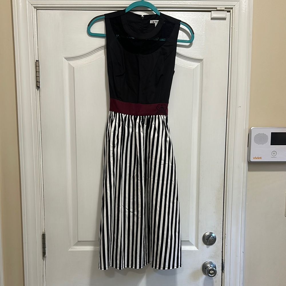 Disney Pirates of the Caribbean,Black and White Midi Dress with Lace Neckline